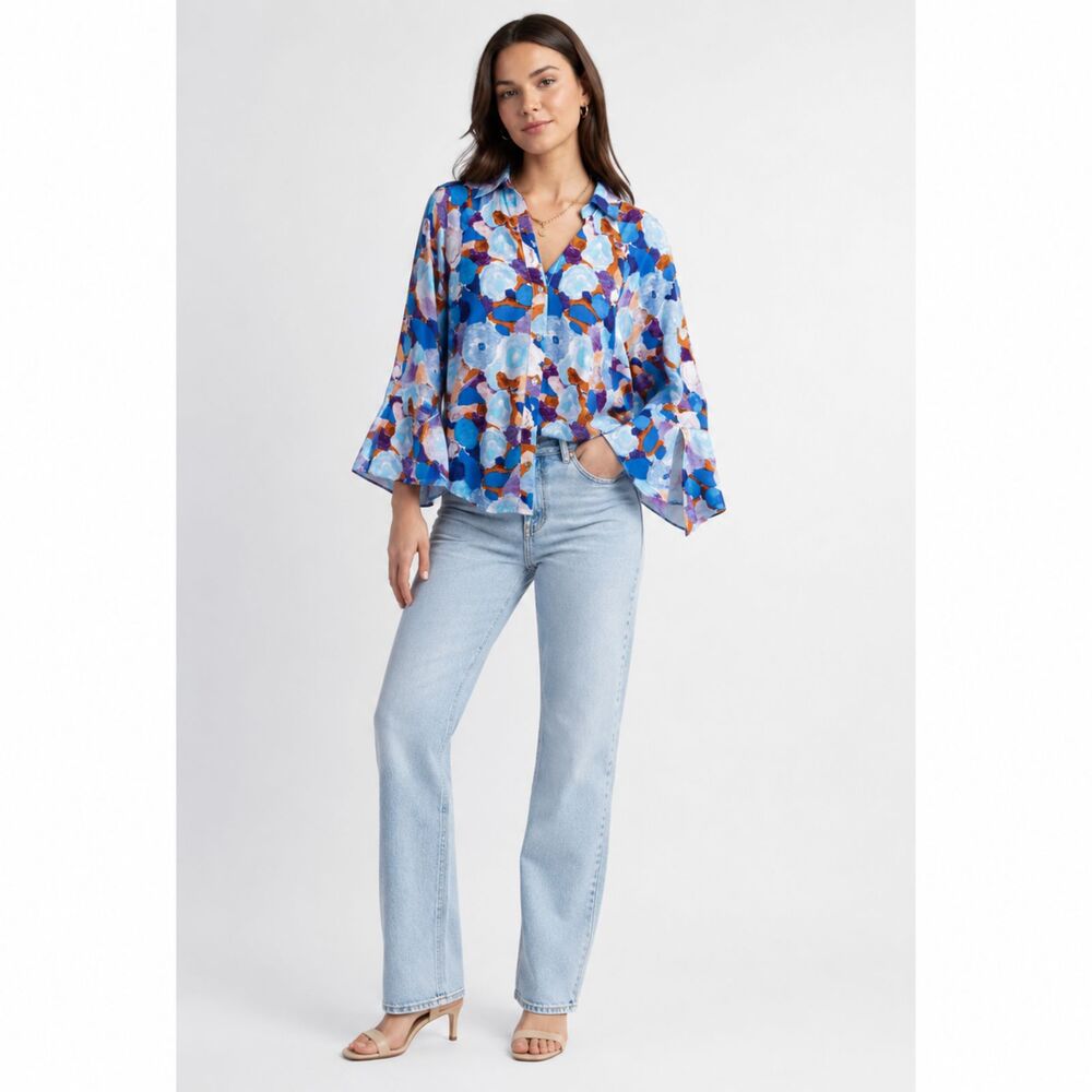 New GIGIO M 8 10 Blue Floral Blooms Hi-Low Hem Button Down Top Open Slit Sleeve